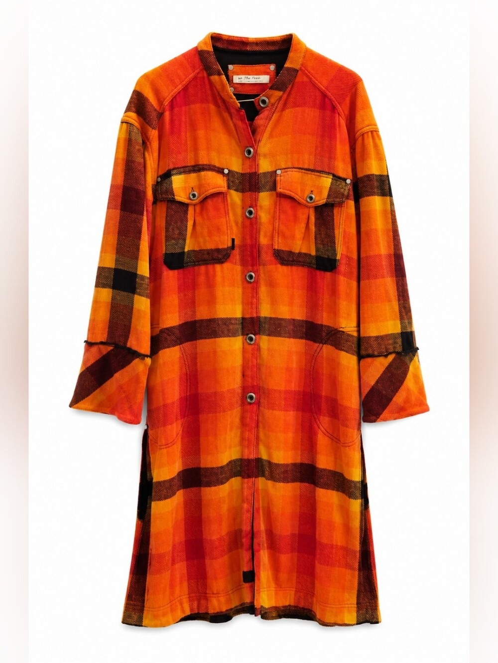 RARE We The Free Ashima Chenille Duster Coat Orange Plaid Long Jacket Size L